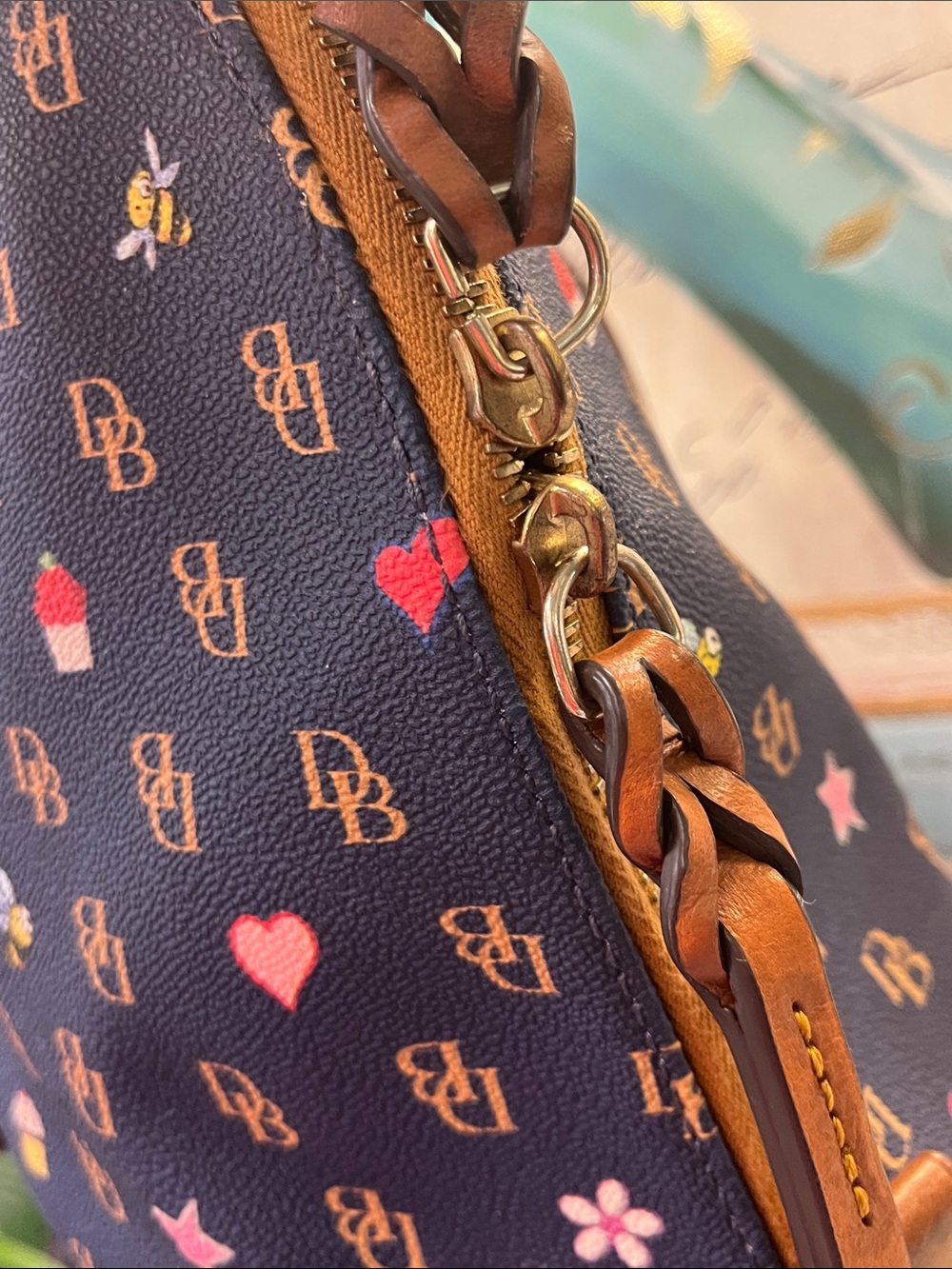 Dooney & Bourke Navy Satchel with Brown Trim and Multicolor Motifs - Picture 4 of 14